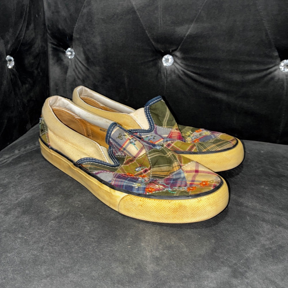 Free People Patchwork Plaid Floral Embroidered Slip On Sneakers Women 38 US 7.5